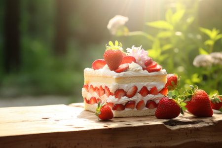 a slice of cake with strawberries on topの素材