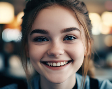 a close up of a woman smilingの素材
