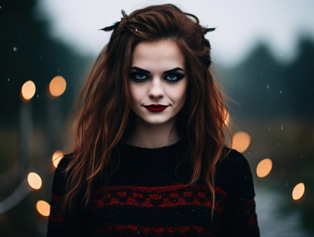 a woman with red hair and black and red lipsの素材