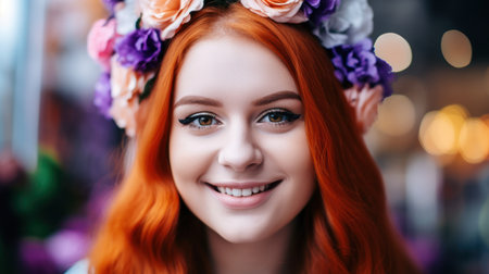 a woman with flowers on her headの素材