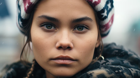 a woman with green eyes wearing a beanieの素材