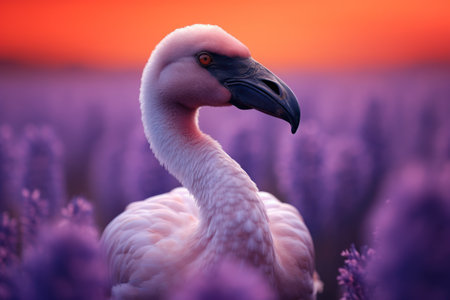 a bird standing in a field of lavenderの素材