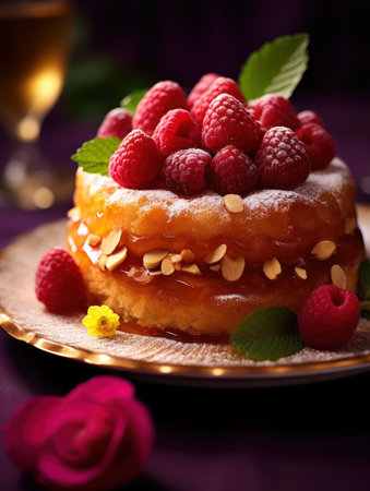 a cake with raspberries and almonds on topの素材