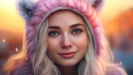 a woman wearing a furry hatの素材