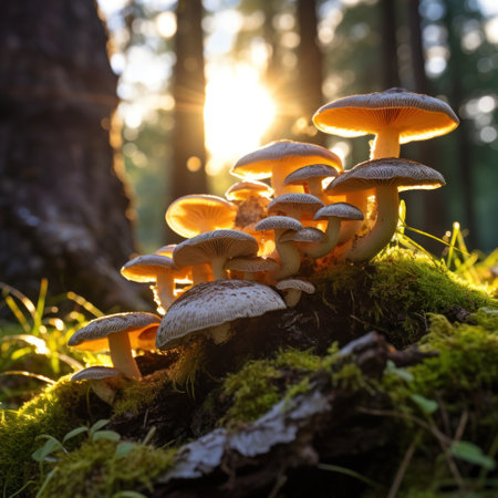 a group of mushrooms growing on a mossy logの素材