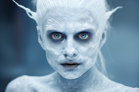 a woman with white skin and ears and ears covered in white paintの素材