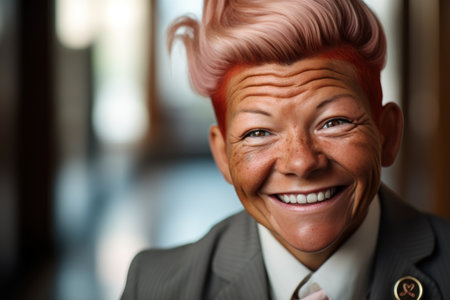 a woman smiling with pink hairの素材