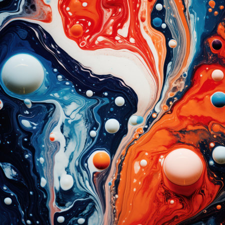 a colorful liquid with white and orange circlesの素材