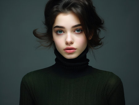 a woman with dark hair in a black turtleneckの素材