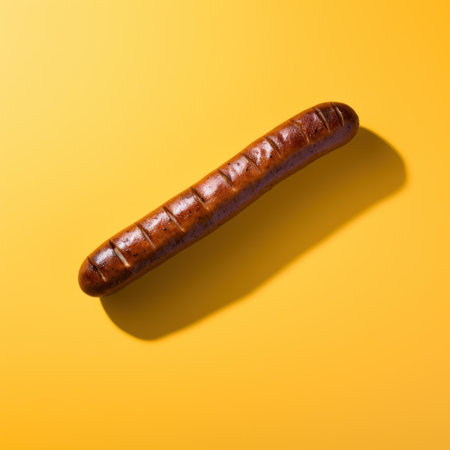 a long brown sausage on a yellow surfaceの素材