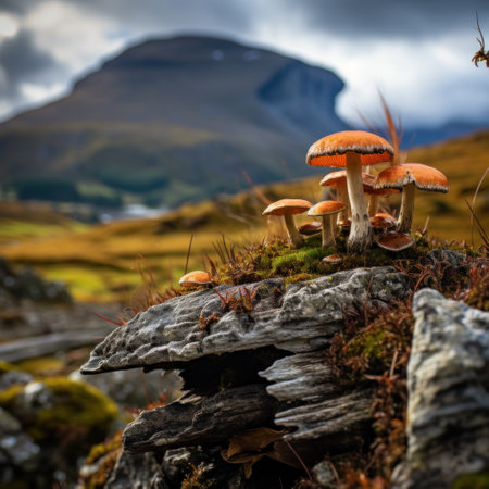 a group of mushrooms on a rockの素材