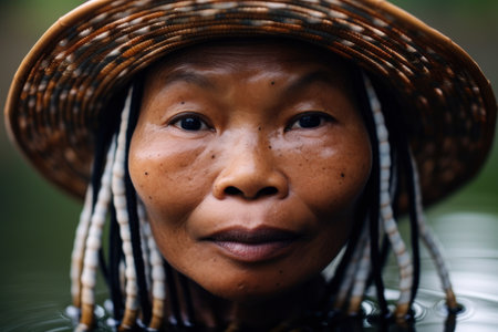 a woman with freckles wearing a hatの素材