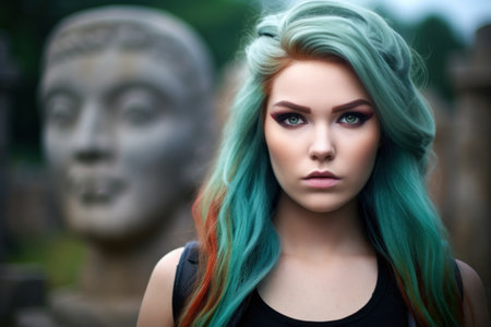 a woman with green hair and a statueの素材
