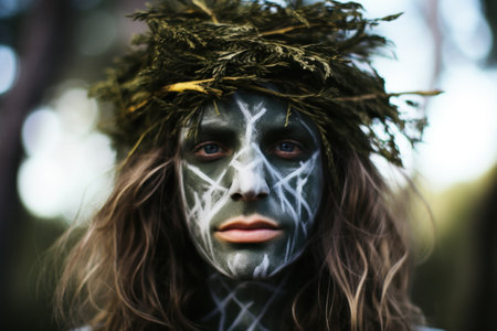 a man with green face paint and leaves on his headの素材