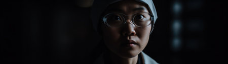 a woman wearing glasses and a white hatの素材