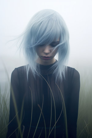 a woman with blue hair in a foggy fieldの素材