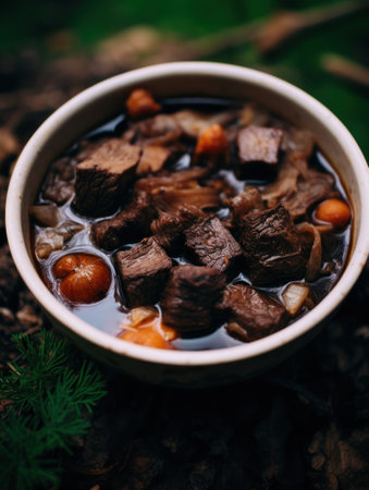 a bowl of soup with meat and vegetablesの素材