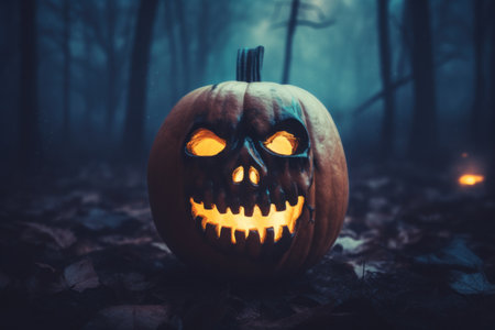 a carved pumpkin with a face lit up in the dark woodsの素材