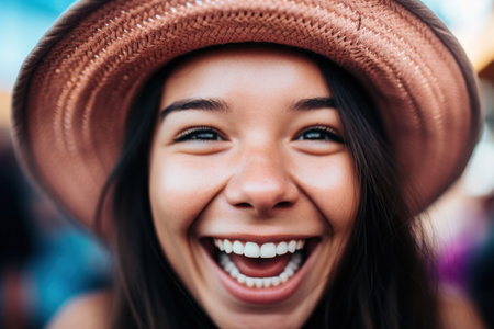 a woman wearing a hat laughingの素材