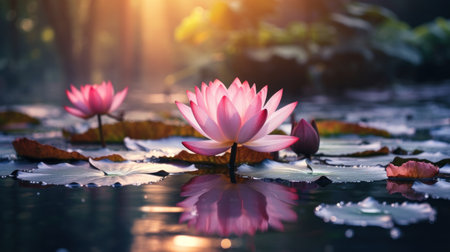 a pink flower on a lily padの素材