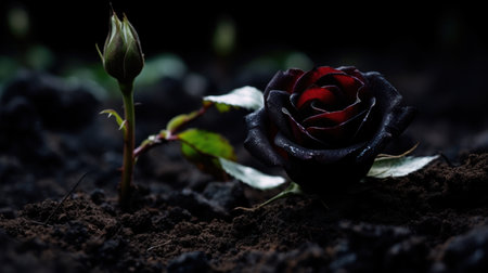 a black rose with a bud in the dirtの素材