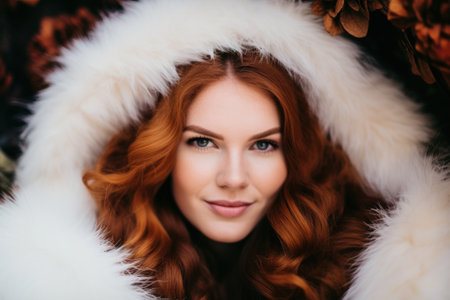 a woman with red hair wearing a white fur hoodの素材