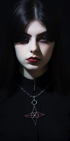 a woman with dark hair and red lipstickの素材