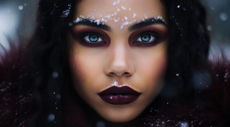 a woman with snow on her faceの素材