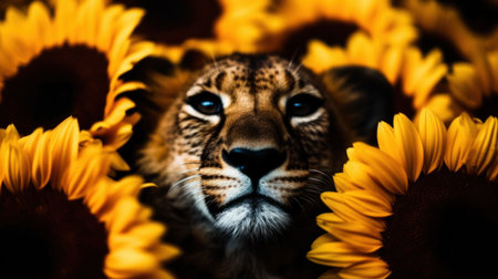 a leopard in a field of sunflowersの素材