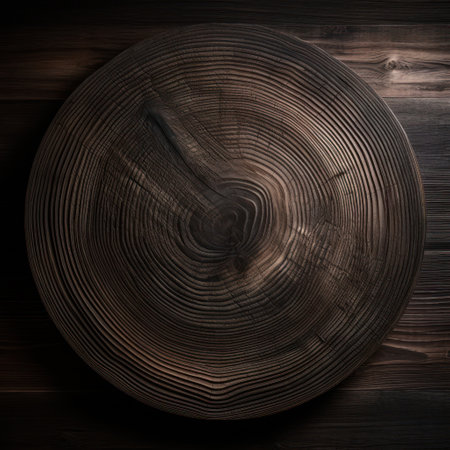 a circular wood cut with rings on a wood surfaceの素材
