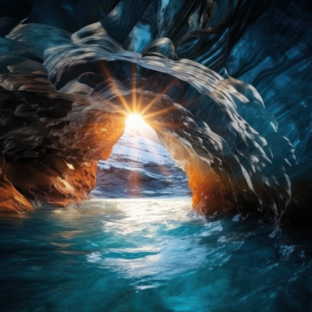 a sun shining through a caveの素材