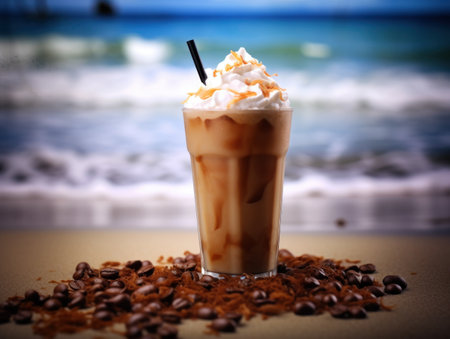 a glass of coffee with whipped cream and coffee beans on the beachの素材