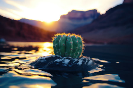 a cactus growing on a rock in waterの素材