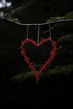a heart shaped red object from a tree branchの素材