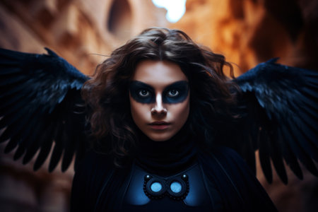 a woman with black wings and black capeの素材