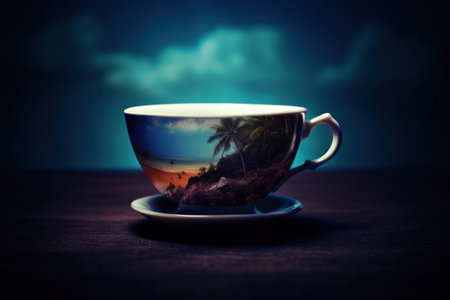 a tea cup and saucer with a picture of a beachの素材