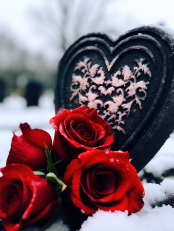 a heart shaped stone with red roses in the snowの素材