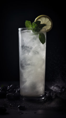 a glass with ice and a slice of lemonの素材