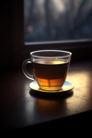 a glass cup of tea on a saucerの素材