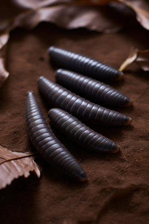 Millipede on the ground with dry leaves, close-upの素材