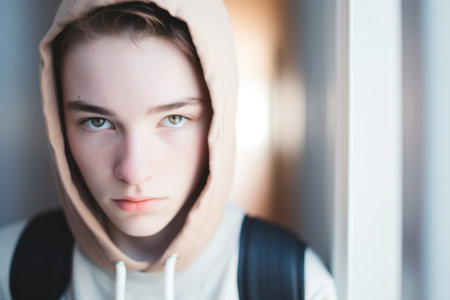 Portrait of teenage boy in hoodie looking out of the windowの素材