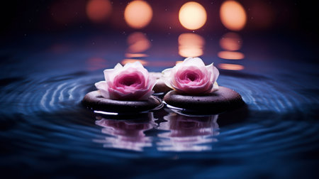 Spa stones with rose petals on water background. Zen concept.の素材