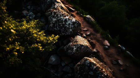 a rocky path with trees and rocksの素材