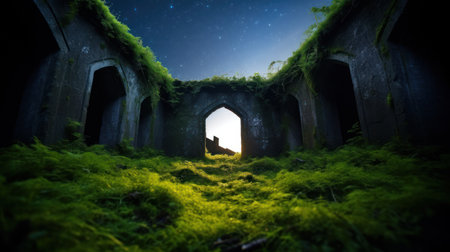a stone archway with moss growing on the groundの素材