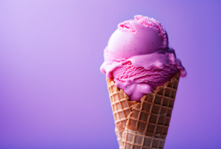 Pink ice cream in waffle cone on purple background, copy spaceの素材
