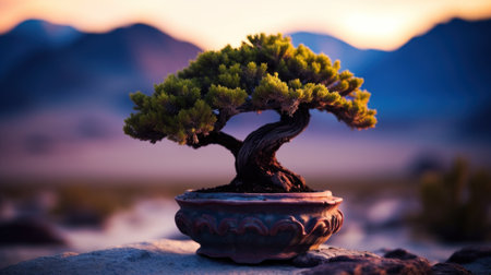 Bonsai tree in a pot on the background of the mountainsの素材