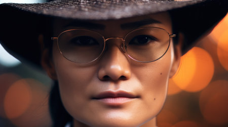 a woman wearing glasses and a hatの素材