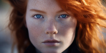 a close up of a woman with frecklesの素材