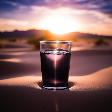 a glass of liquid in the sandの素材