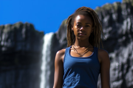 a woman standing in front of a waterfallの素材